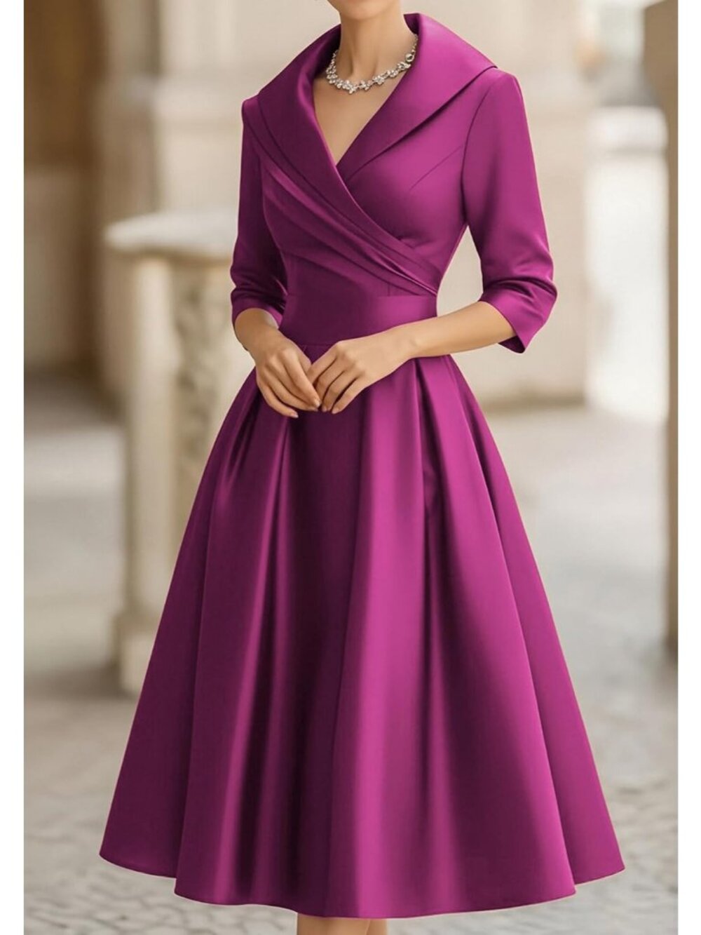 Women's Purple Wrap Long Sleeve V-Neck Silky Casual Elegant Midi Church Dress - Picture 3 of 5